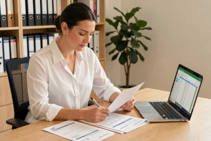 Femme consultant un dossier de prêt immobilier à son bureau à domicile