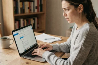 Femme tapant un email au service client Darty sur son ordinateur portable dans un bureau à domicile