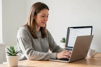 Femme consultant ses relevés bancaires en ligne sur un ordinateur portable, illustrant la baisse des frais bancaires dans les banques en ligne