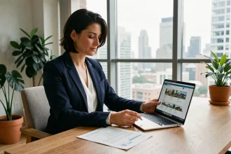Jeune femme urbaine analysant des documents d'investissement locatif à son bureau dans un appartement moderne avec vue sur la ville