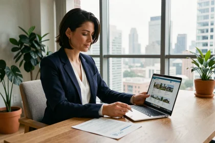 Jeune femme urbaine analysant des documents d'investissement locatif à son bureau dans un appartement moderne avec vue sur la ville