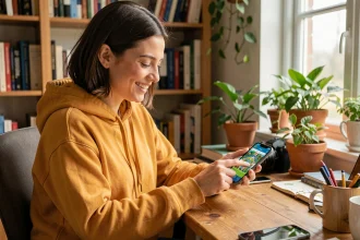 Jeune femme jouant à Monopoly GO sur smartphone dans un bureau à domicile chaleureux