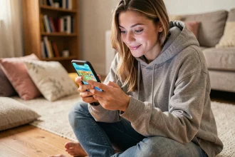 Jeune femme jouant à Monopoly GO sur son smartphone dans un salon confortable, illustrant les liens gratuits du jeu mobile