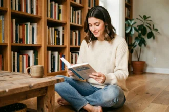Femme lisant un livre de développement personnel dans une bibliothèque chaleureuse à la trentaine