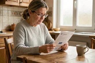 Femme consultant son livret A à la table de sa cuisine, illustrant l'épargne populaire des ménages français