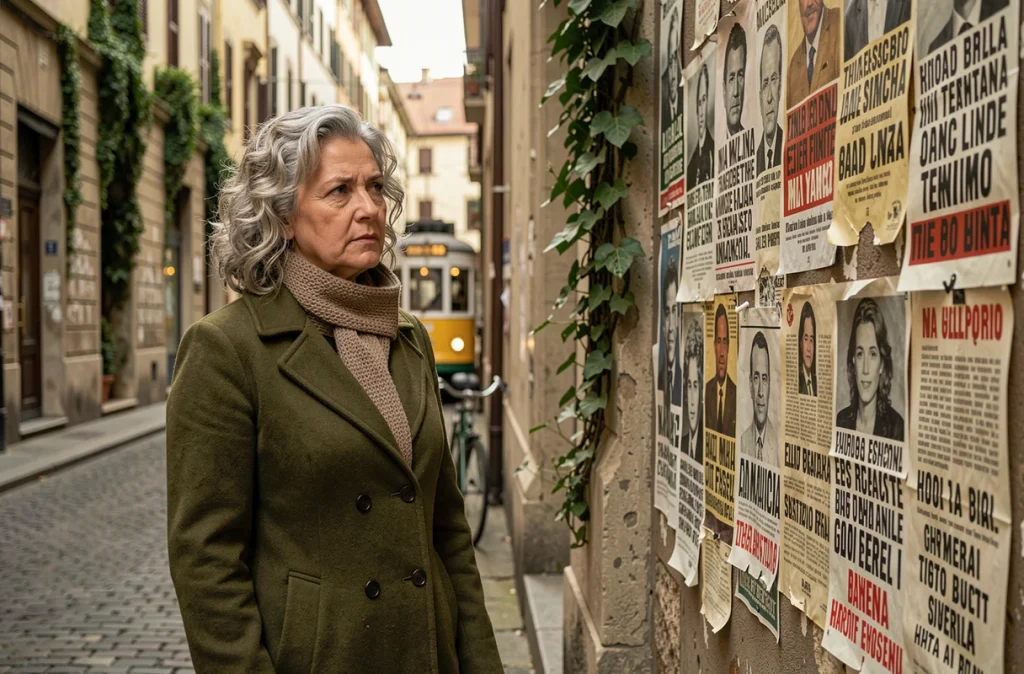 Femme contemplative devant un mur de slogans antifascistes italiens dans une ruelle européenne pavée