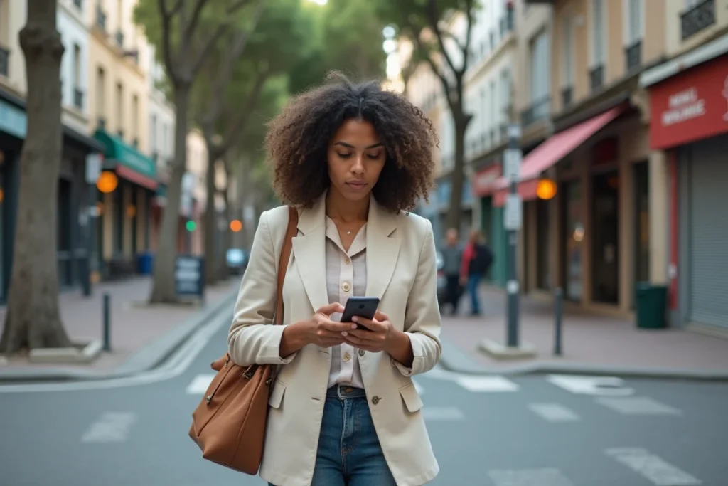 Femme consultant son téléphone à un carrefour d'un quartier en transition à Marseille