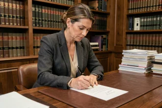 Femme professionnelle rédigeant une lettre formelle destinée à un avocat dans un bureau juridique classique