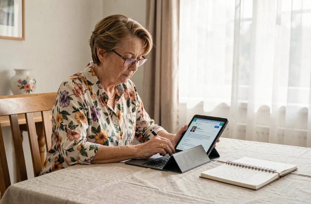 Femme âgée rédigeant un message écrit au service client Darty sur une tablette à la maison