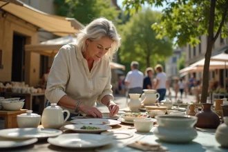 Femme examinant de la vaisselle ancienne sur un étal de vide-grenier dans un village de l'Yonne