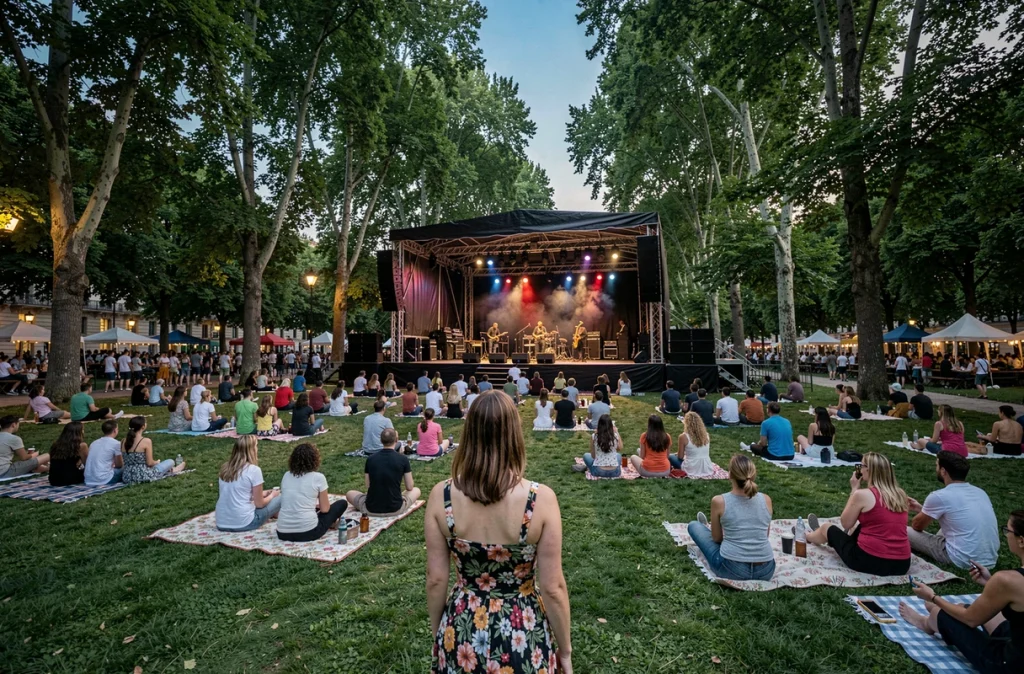 Festival en plein air au Parc de la Tête d'Or à Lyon le soir en été, femme de dos regardant un concert de jazz en plein air