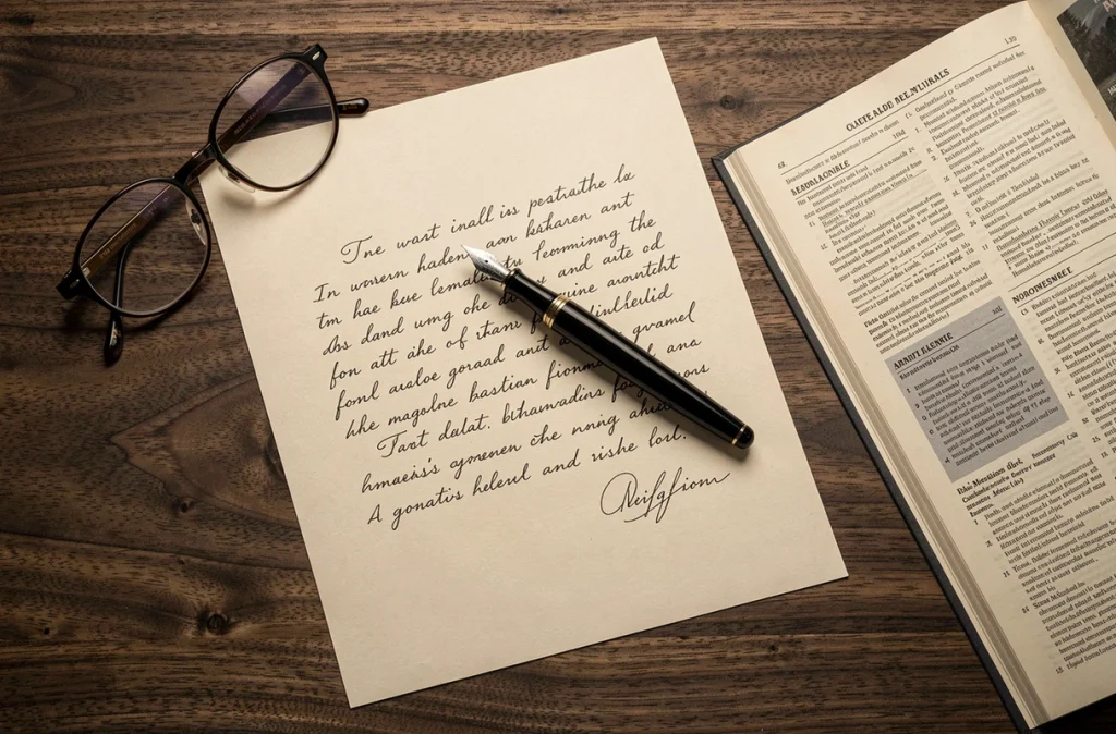 Vue de dessus d'une lettre formelle en cours de rédaction avec stylo plume et références juridiques sur un bureau en bois
