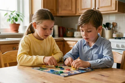 Deux enfants frère et sœur jouant ensemble à un jeu de société à la table de cuisine familiale dans une atmosphère chaleureuse