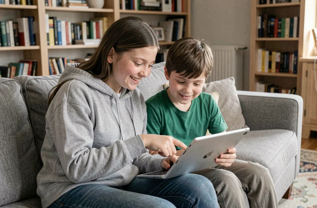 Adolescente et son jeune frère partageant une tablette sur un canapé de salon, illustrant une cohabitation fraternelle harmonieuse