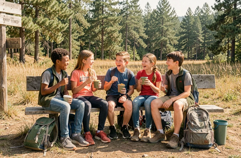 Groupe d'enfants faisant une pause repas sur un banc en bois lors d'une randonnée en pleine nature