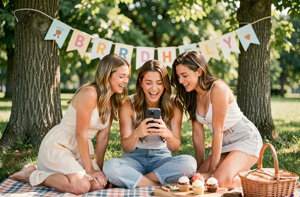 Groupe d'amies qui partagent des gifs d'anniversaire humoristiques sur WhatsApp lors d'un pique-nique d'anniversaire en plein air