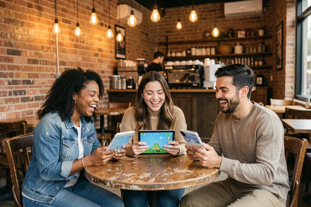 Groupe de jeunes adultes jouant ensemble à des jeux .io sur smartphones dans un café urbain branché