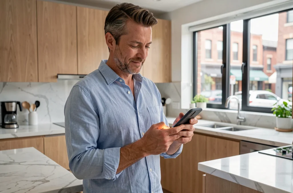 Homme utilisant une application bancaire sur smartphone dans une cuisine moderne, symbolisant la gestion simplifiée des frais bancaires