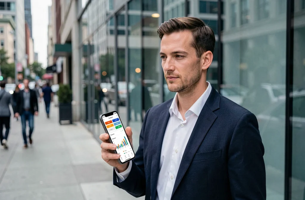 Homme consultant une application de gestion financière sur son smartphone en ville