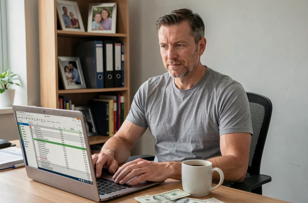 Homme consultant un tableau de bord de budget familial sur ordinateur portable dans un bureau à domicile