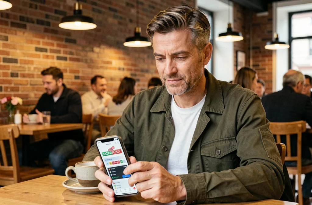 Homme d'une quarantaine d'années rejoint un club Monopoly GO sur son téléphone dans un café