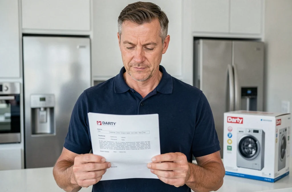 Homme lisant une confirmation email imprimée du service client Darty dans sa cuisine