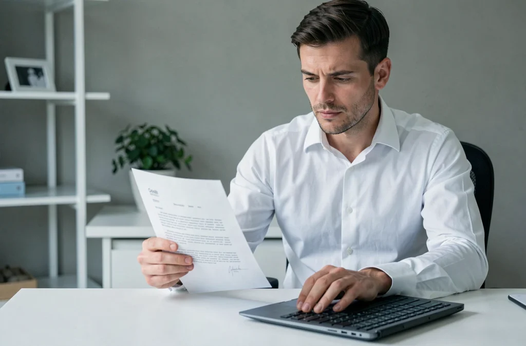 Homme consultant un modèle de lettre pour avocat dans un bureau à domicile moderne