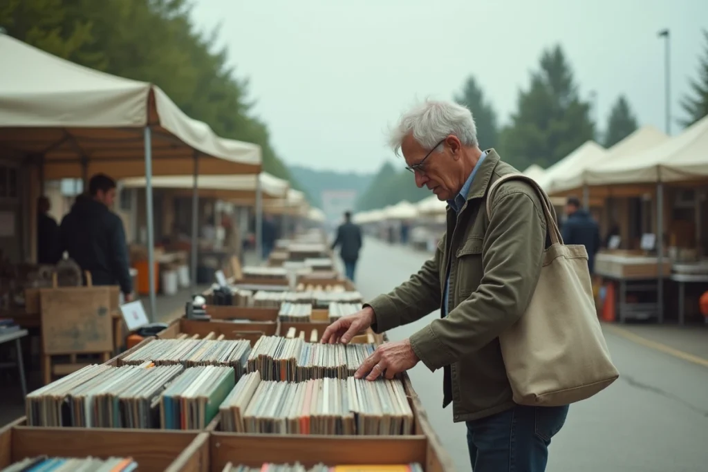 Homme feuilletant des disques vinyle anciens dans une brocante en plein air dans l'Yonne