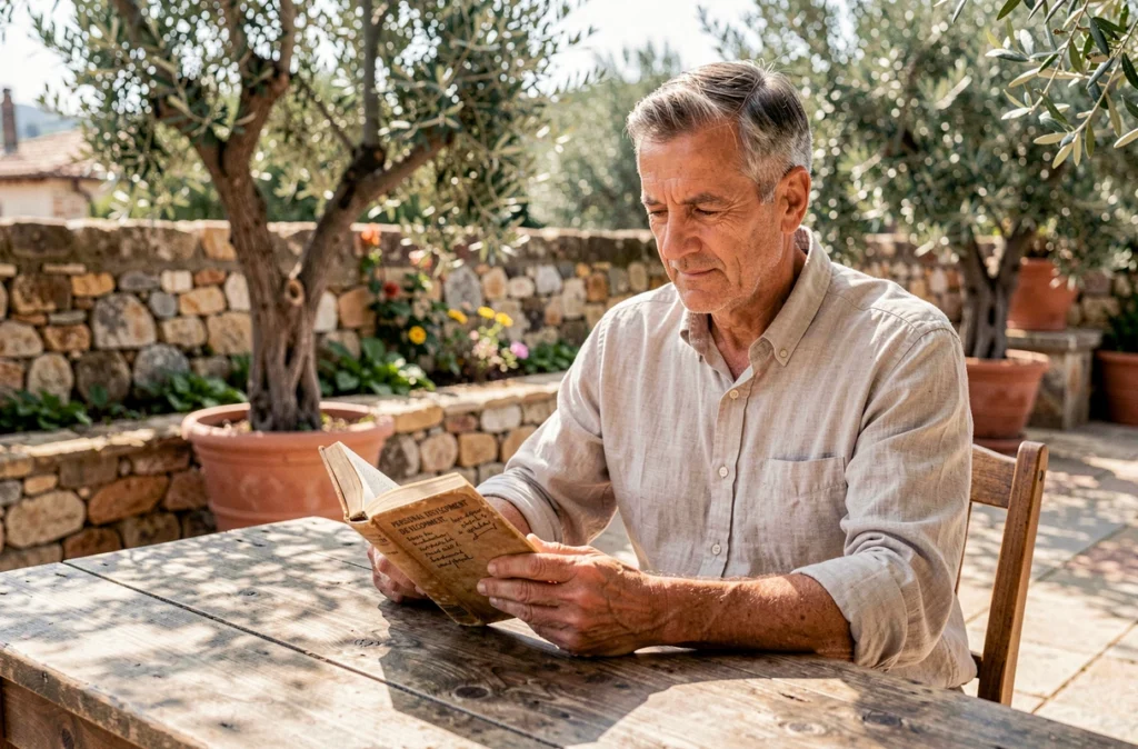 Homme mature relisant un livre de développement personnel annoté sur une terrasse méditerranéenne