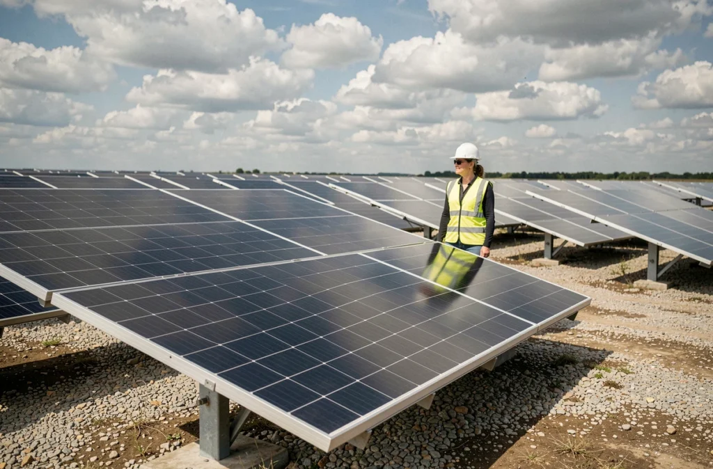 Ingénieure en gilet jaune inspectant une installation de panneaux solaires photovoltaïques dans le cadre d'un projet de transition énergétique