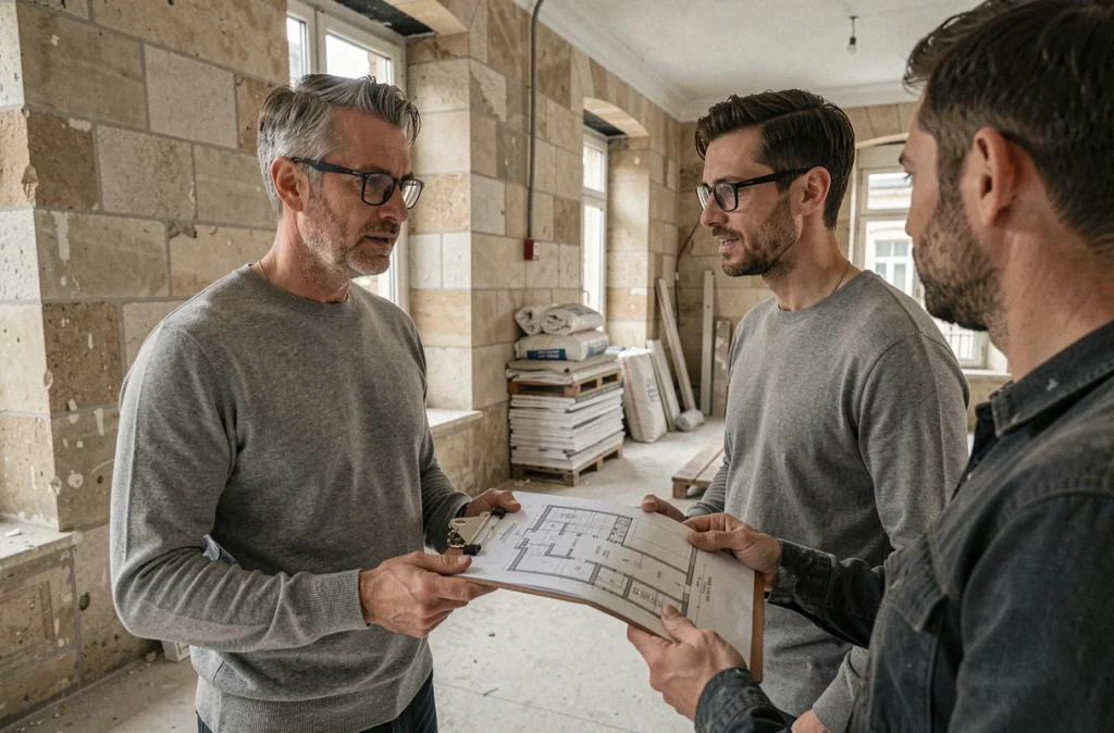 Investisseur immobilier masculin discutant de travaux de rénovation dans un appartement locatif de style haussmannien en chantier