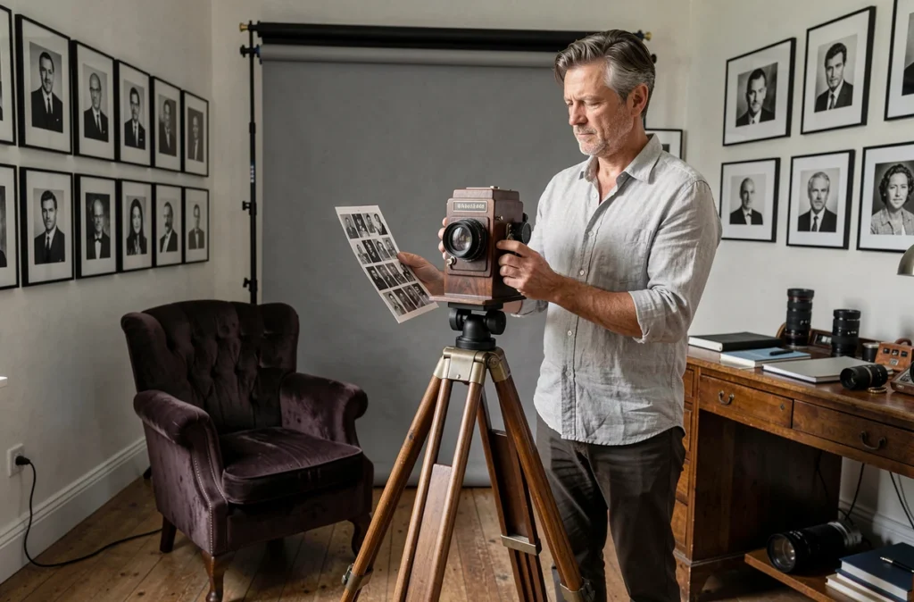 Photographe portraitiste Jacques dans son studio à Saint-Étienne entouré de portraits noir et blanc encadrés