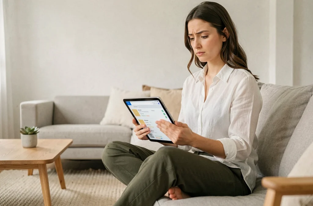 Jeune femme consultant avec attention une application d'archivage cloud sur tablette dans un salon épuré