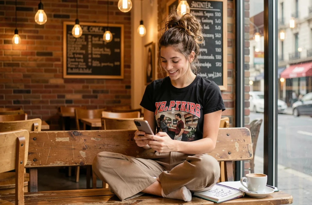 Jeune femme dans un café parisien consultant son smartphone avec un carnet de notes ouvert, représentant l'évolution du langage des jeunes en 2026