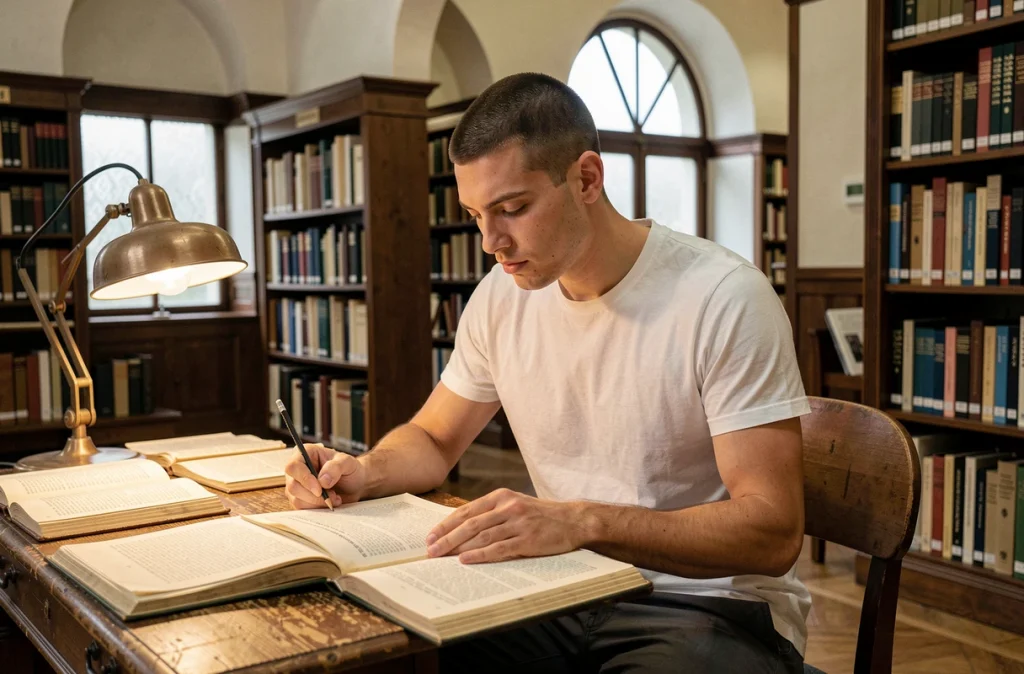 Jeune homme lisant une traduction française d'un texte antifasciste italien dans une bibliothèque classique