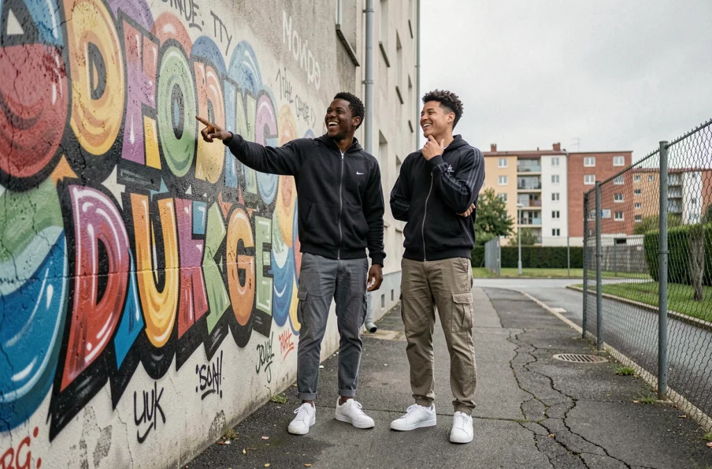 Deux jeunes hommes devant une fresque urbaine en banlieue française, discutant des nouvelles tournures du langage jeune qui remplacent le verlan en 2026
