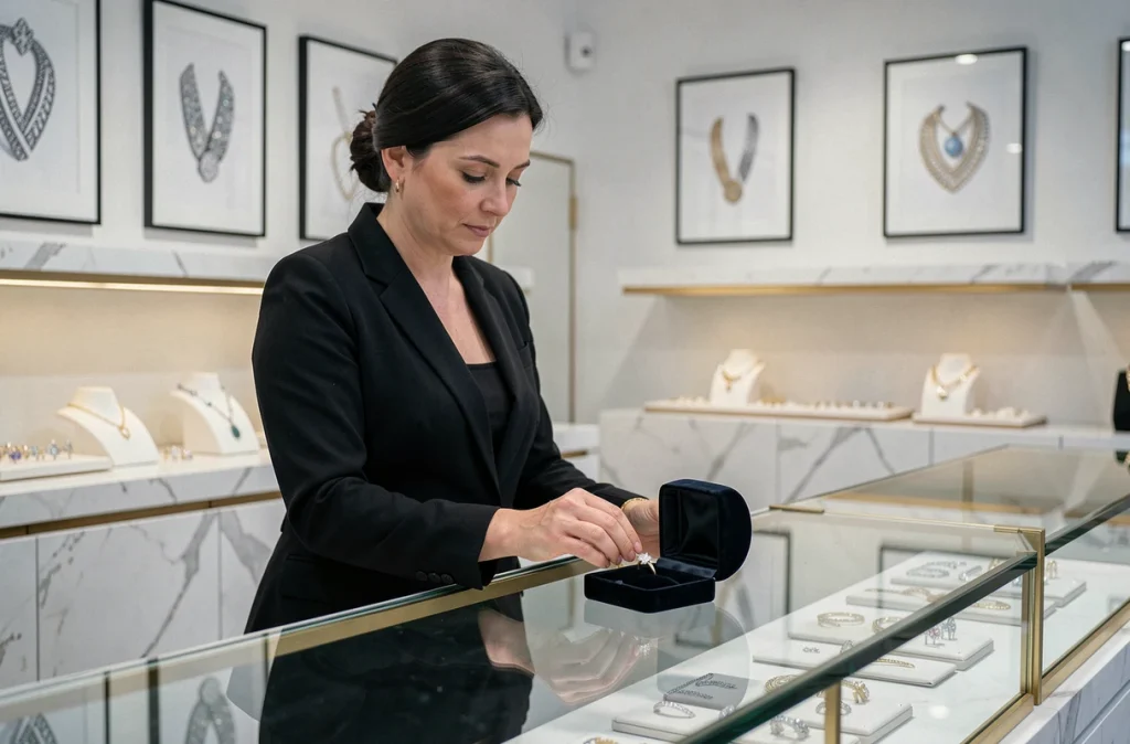 Vendeuse de la Joaillerie Zeina Grenoble présentant une bague en diamant dans un écrin en satin