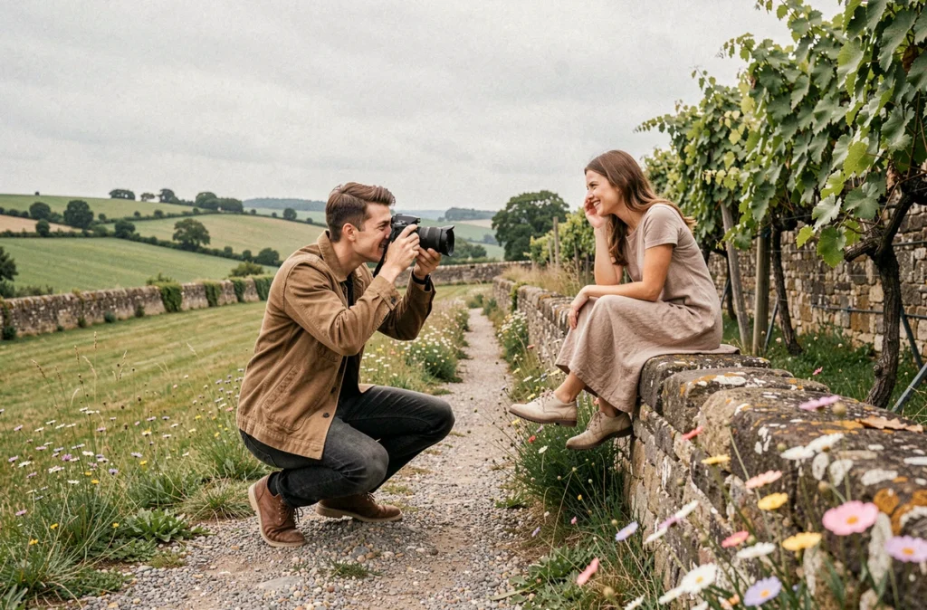 Jonathan photographe de la Loire en pleine séance portrait en extérieur dans un paysage rural ligérien