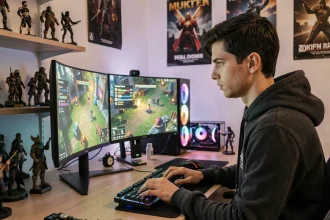 Joueur adulte concentré devant un écran de RPG fantasy affichant une barre d'expérience et des statistiques de personnage dans une pièce gamer typique