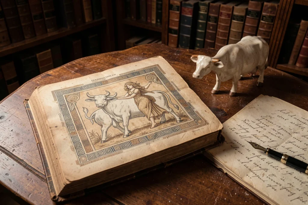 Livre ancien ouvert illustrant le mythe grec d'Io avec figurine de vache et carnet de notes dans une bibliothèque classique