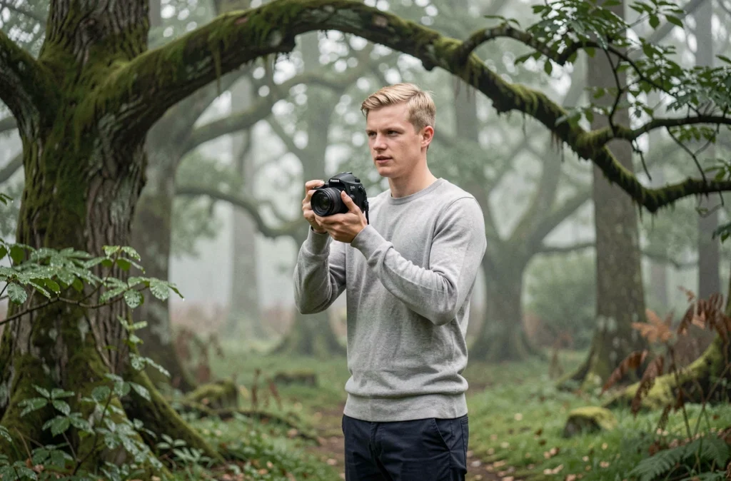 Loïc Morette en train de photographier dans une clairière de forêt bretonne brumeuse entourée de chênes couverts de mousse
