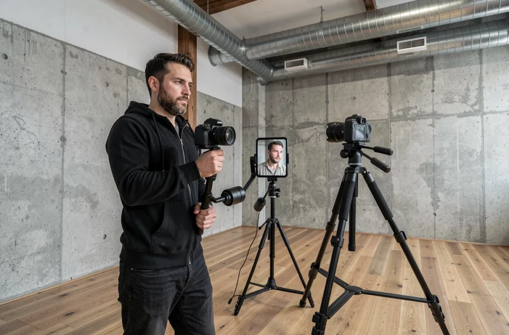 Ludys Vidéos opérant un gimbal et une caméra portrait dans un studio créatif breton aux murs en béton industriel