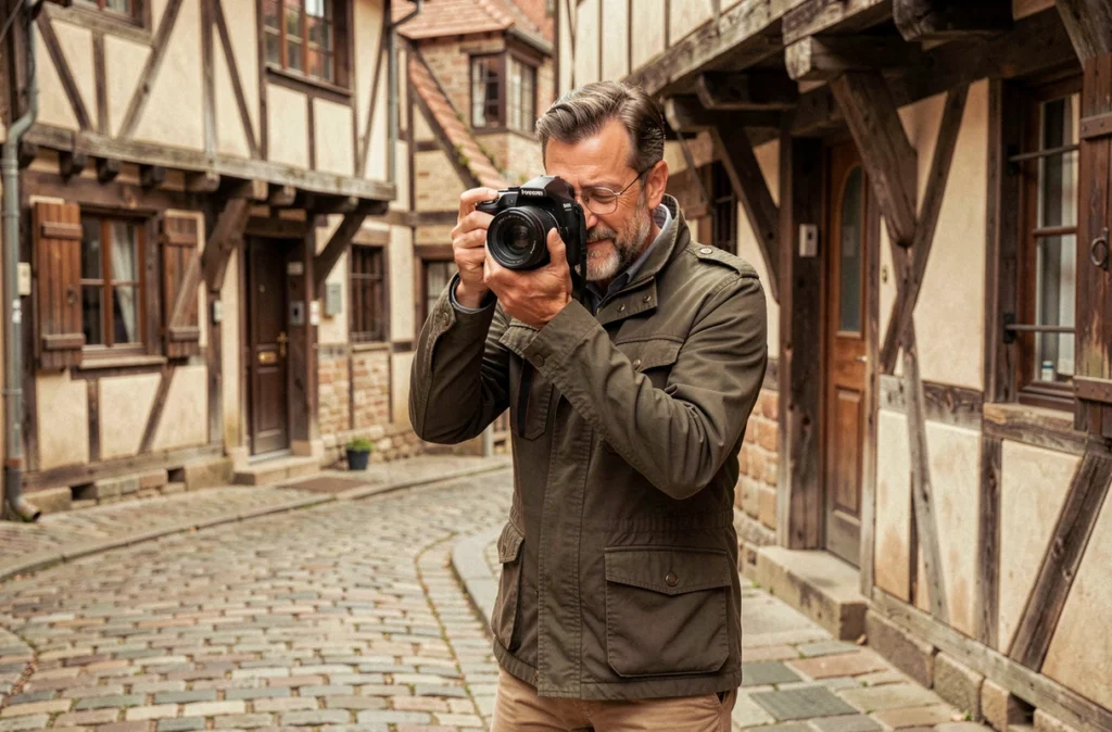 Marc Glen photographiant un portrait dans une rue bretonne pavée avec architecture médiévale à colombages en fond