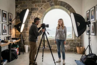 Photographe portrait professionnel en Bretagne ajustant son appareil photo dans un studio avec vue sur un décor breton typique