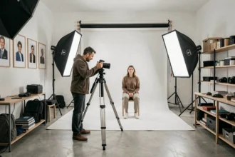 Photographe portraitiste professionnel dans un studio de la Loire ajustant son appareil photo face à un sujet assis