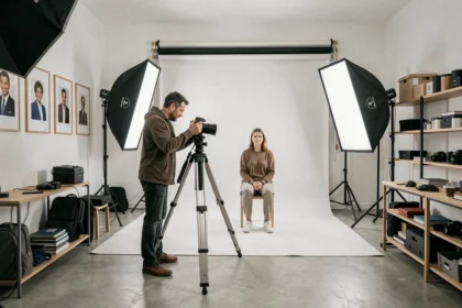 Photographe portraitiste professionnel dans un studio de la Loire ajustant son appareil photo face à un sujet assis