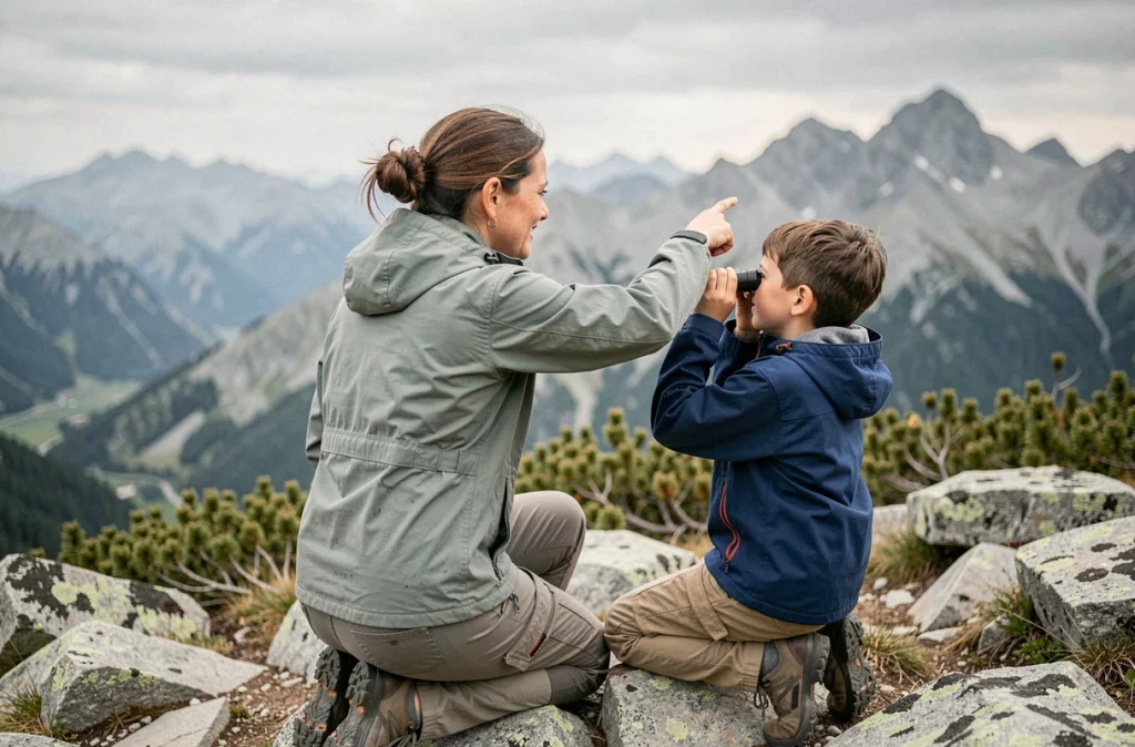 Mère et enfant observant le paysage montagneux depuis un sentier rocheux en altitude
