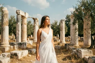 Jeune femme en robe blanche contemplant des ruines grecques antiques, évoquant le mythe d'Io dans un paysage méditerranéen