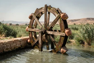 Ancienne noria en bois avec pots en argile immergée dans une rivière, paysage rural au Moyen-Orient