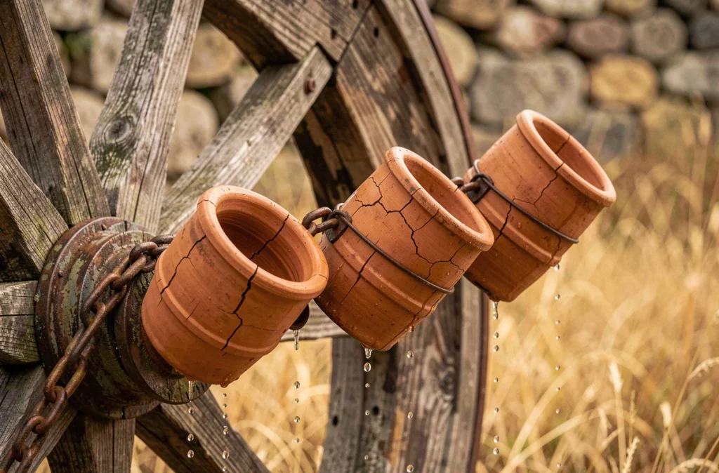 Gros plan sur les pots en terre cuite d'une noria traditionnelle et le mécanisme de chaîne en bois